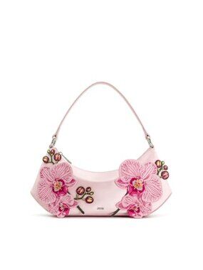Satin Hobo Shoulder Bag with Floral Oval Design, Detachable Strap, Fits iPhone